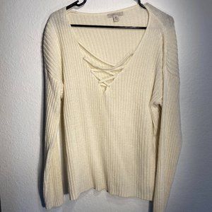 Cozy Casual Ribbed Lightweight Sweater with cross detail in front